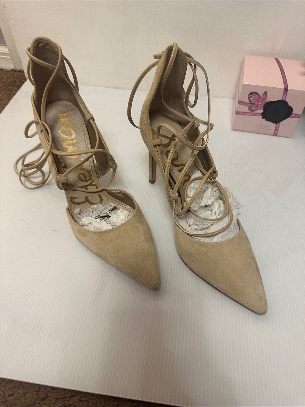 Sam Edelman Beige Lace-Up Pointed Toe Pumps